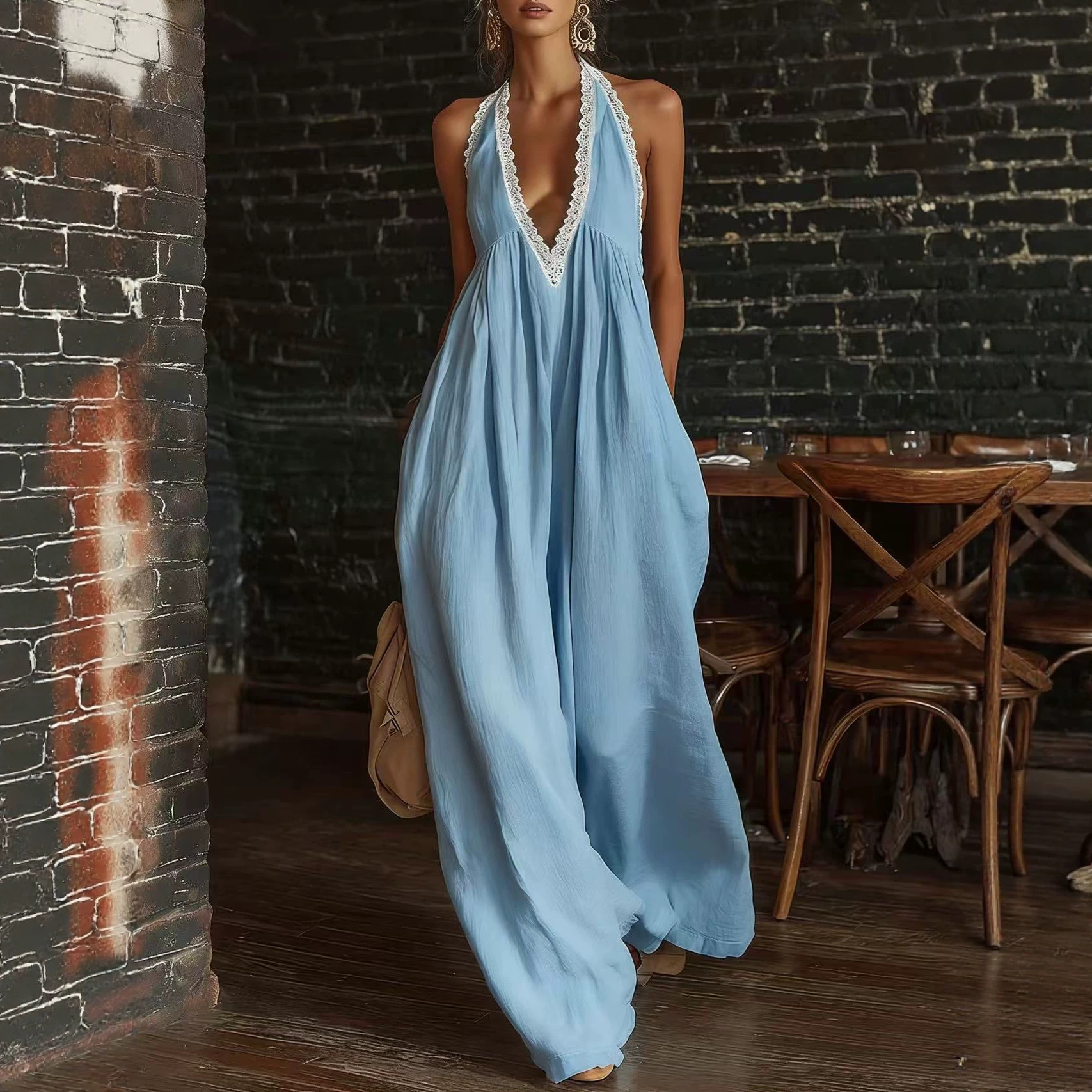 Lace-Trim Loose Linen Jumpsuit