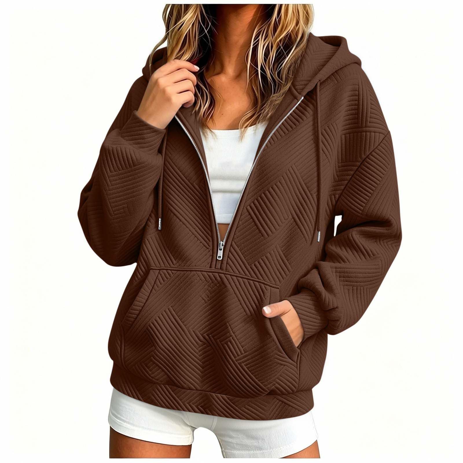 Women's Hooded Drawstring Zip Pocket Loose Sweatshirt