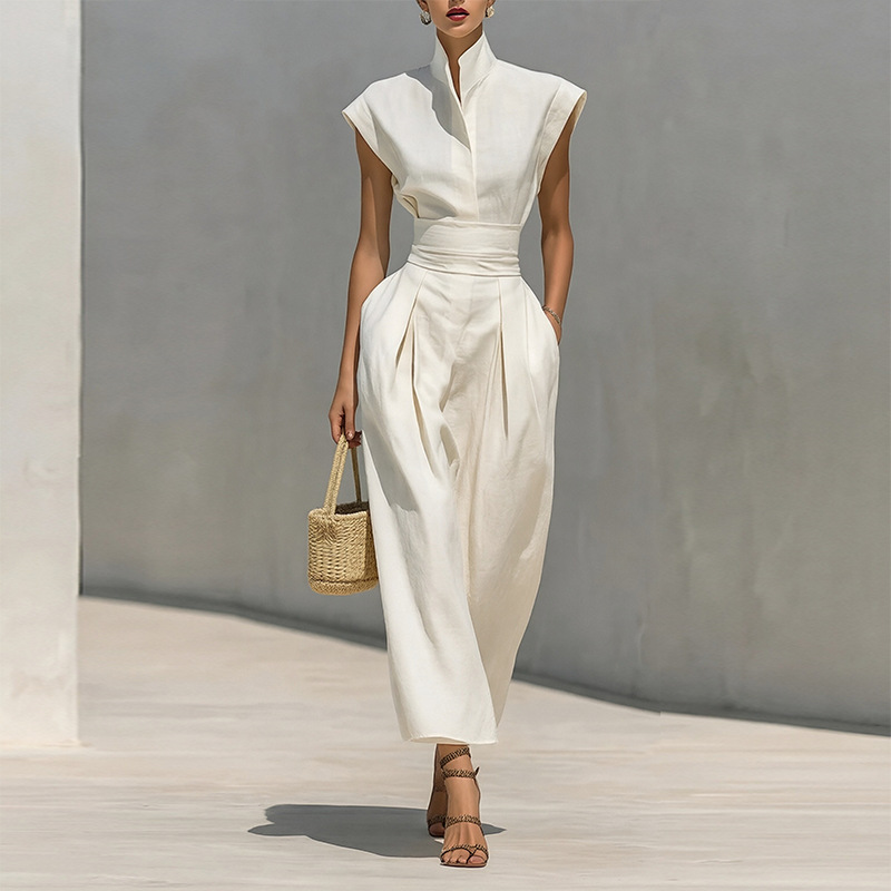 Elegant Stand Collar Solid Color Flutter Sleeve Dress