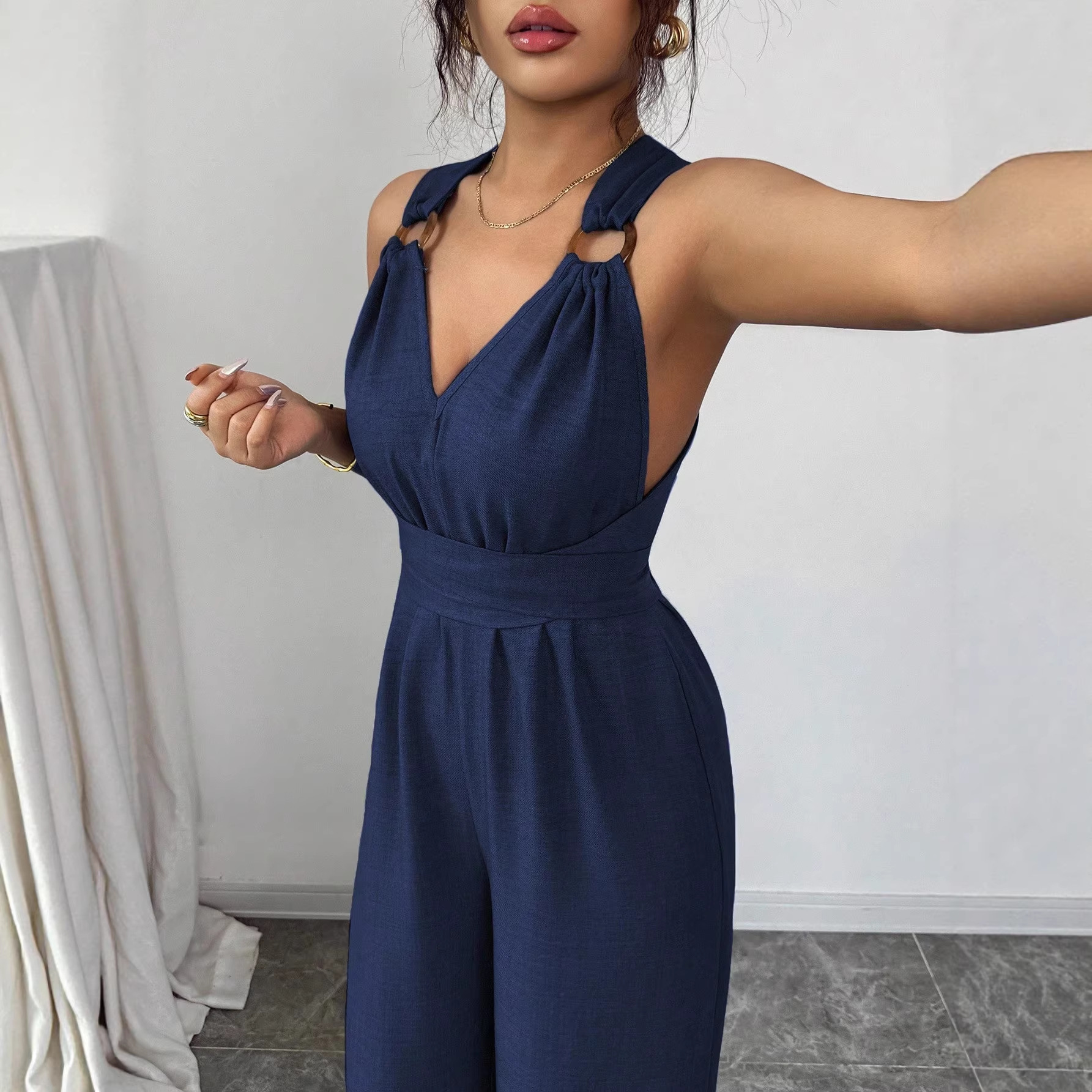 Women's Halter Cross-Back Sleeveless Jumpsuit with Waist-Cinching