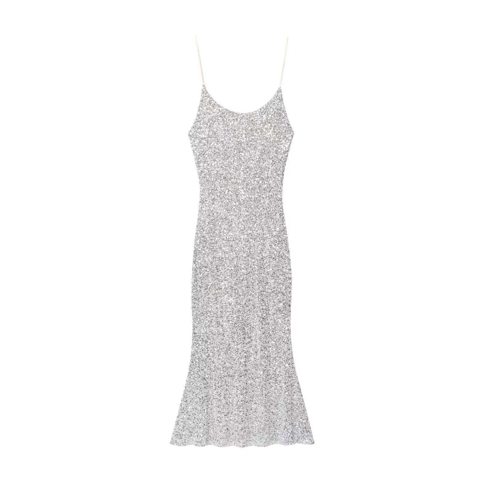 Sequin Cami Bodycon Midi Dress Sleeveless High Waist