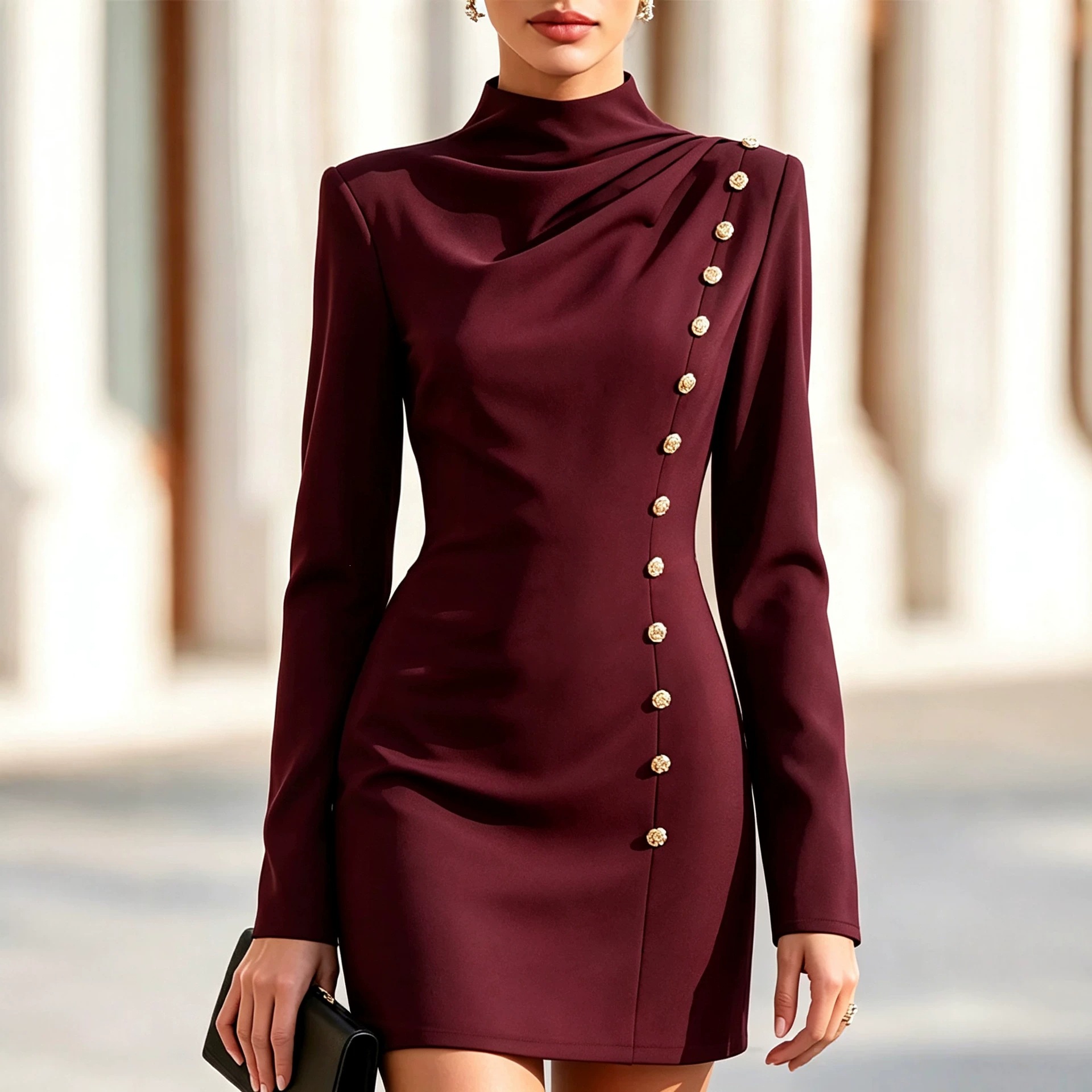 Mock Neck Ruched Bodycon Mini Dress with Metal Buttons Long Sleeve