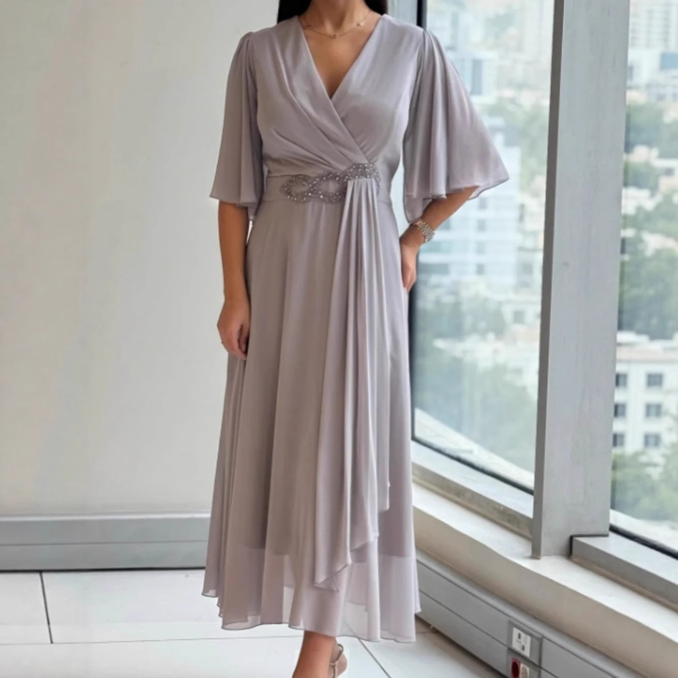 Women's V-Neck Ruched Solid Color Midi Dress