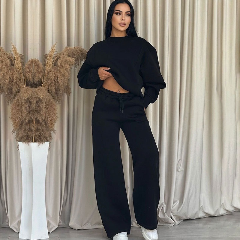 Women's Solid Crewneck Long Sleeve Wide-Leg Pants Set Casual Loose Fit