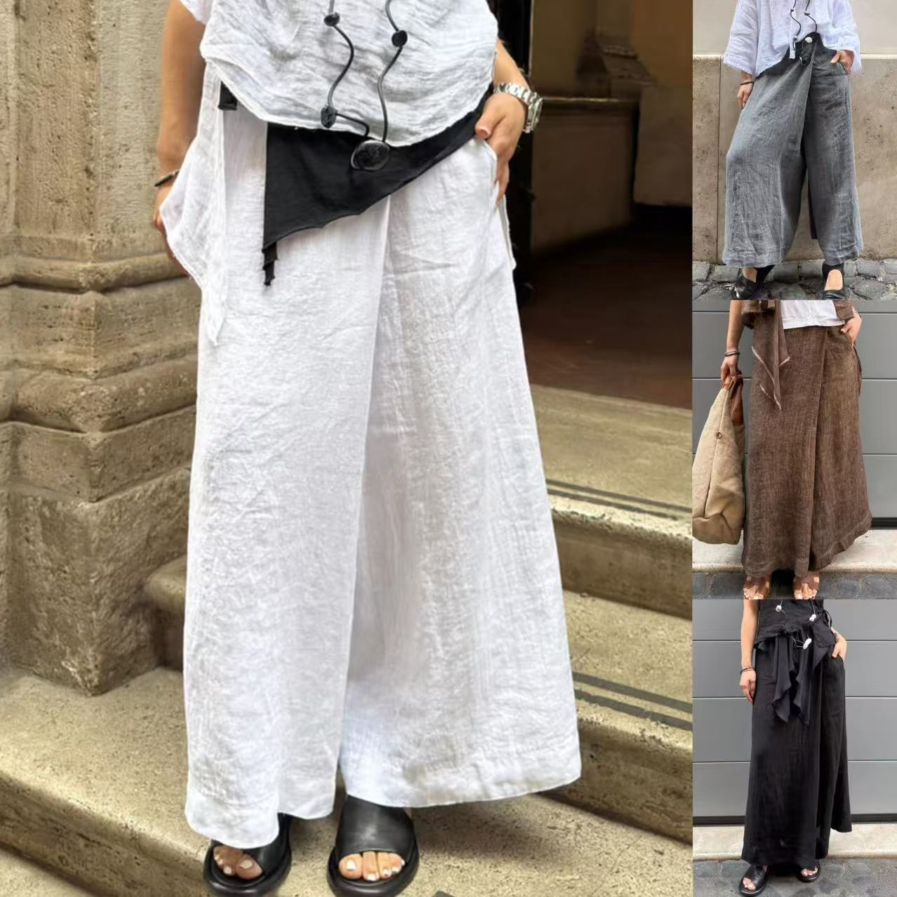 Women's Solid Color Wide-Leg Pants with Pockets and Elastic Waist