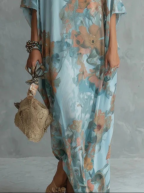 Women's Floral Print Off-Shoulder Maxi Dress Loose Fit