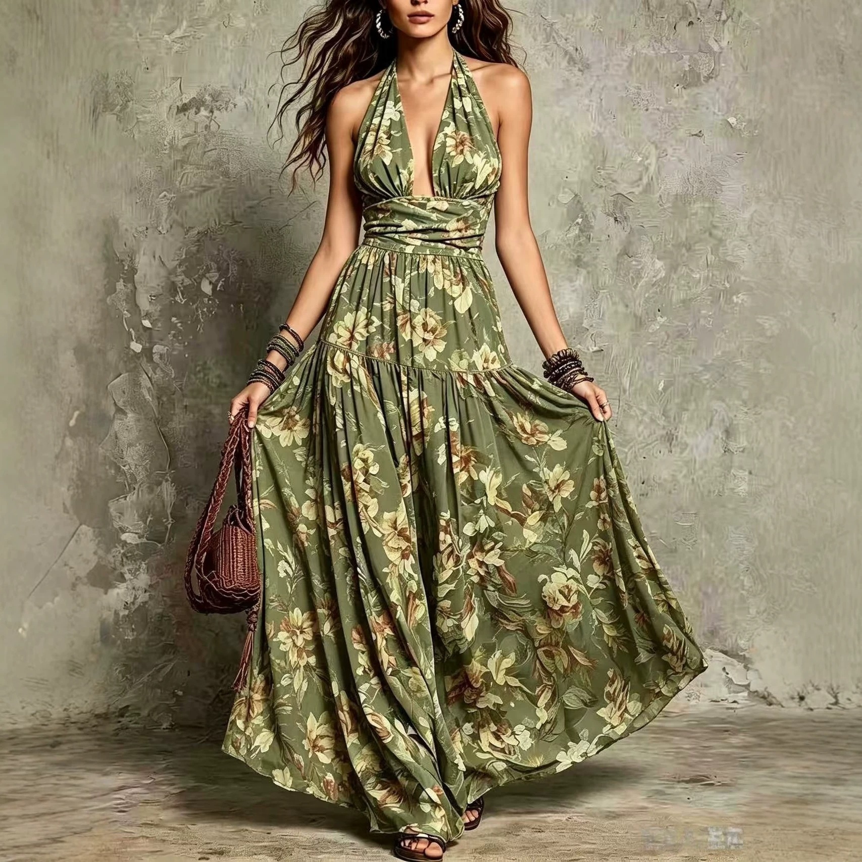 Women's Halter V-Neck Floral Print Open-Back Long Dress