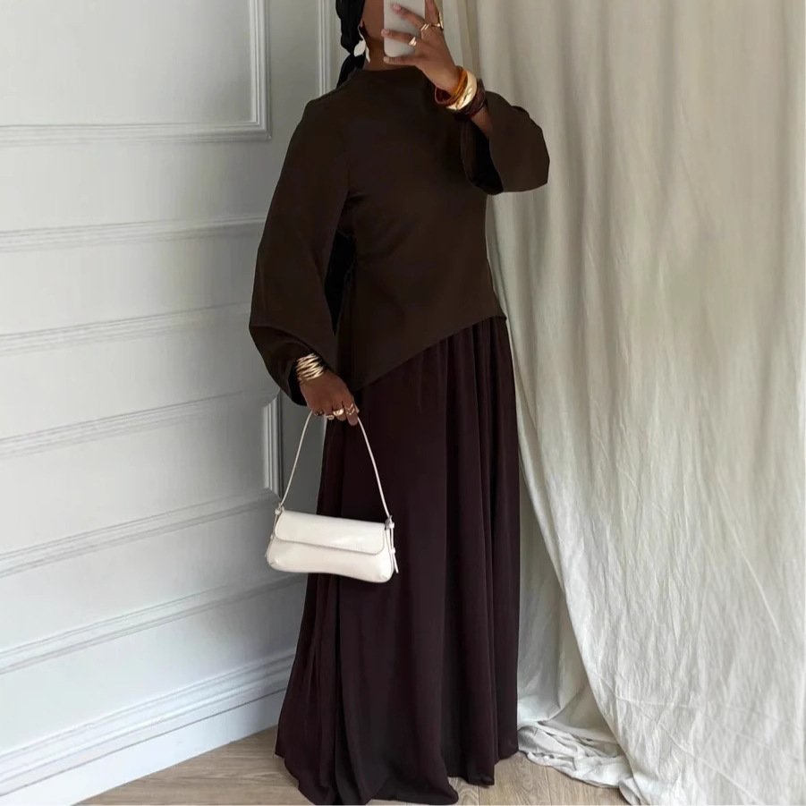 Solid Long-Sleeve Top and Lined Midi Skirt Two-Piece Set