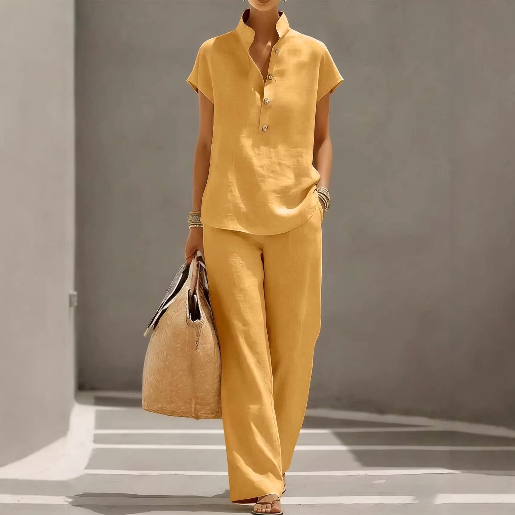 Women's Casual Open-Front Short-Sleeve Top and Pants Solid Color Set