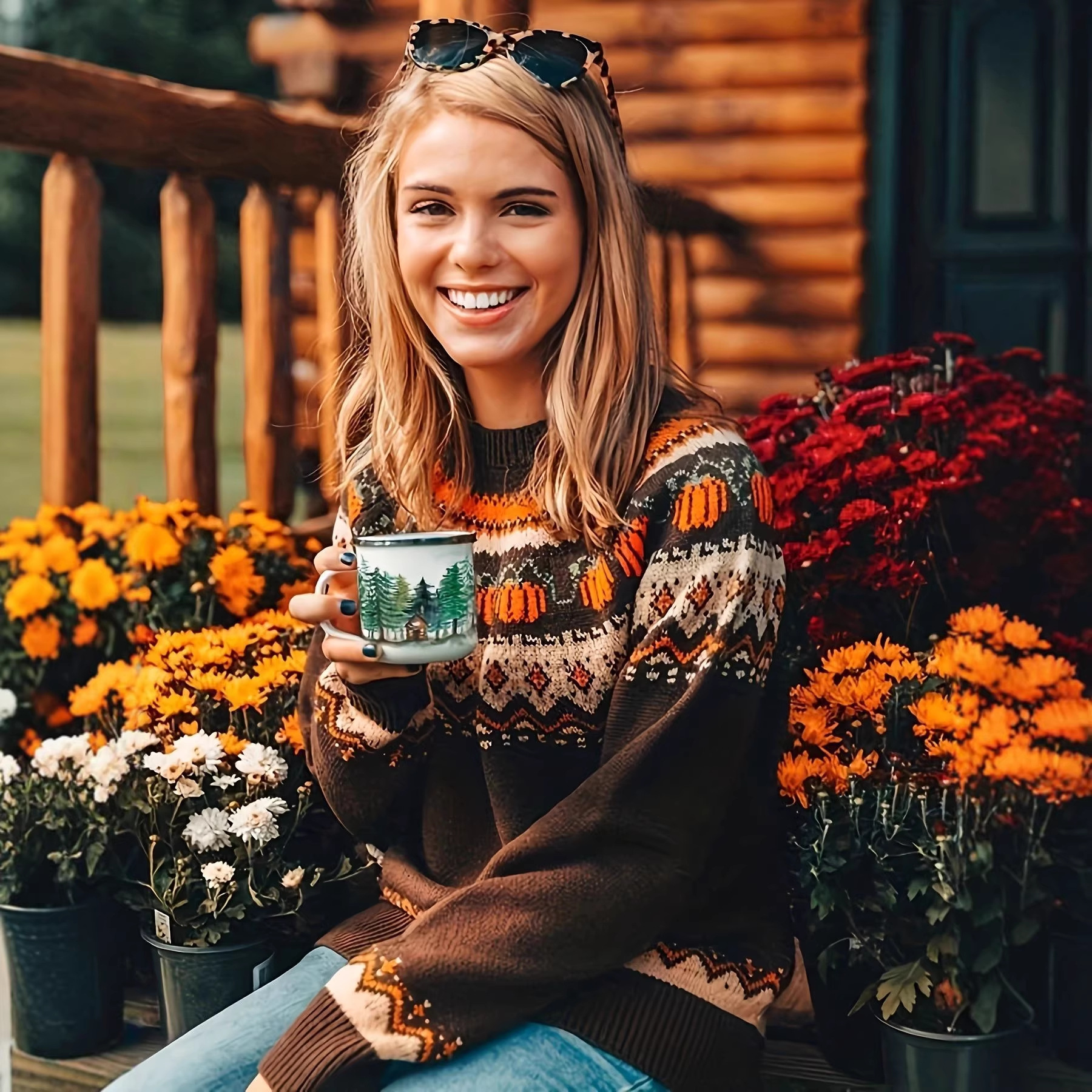 American Retro Pumpkin Jacquard Crewneck Sweater Fair Isle Wave Knit Top