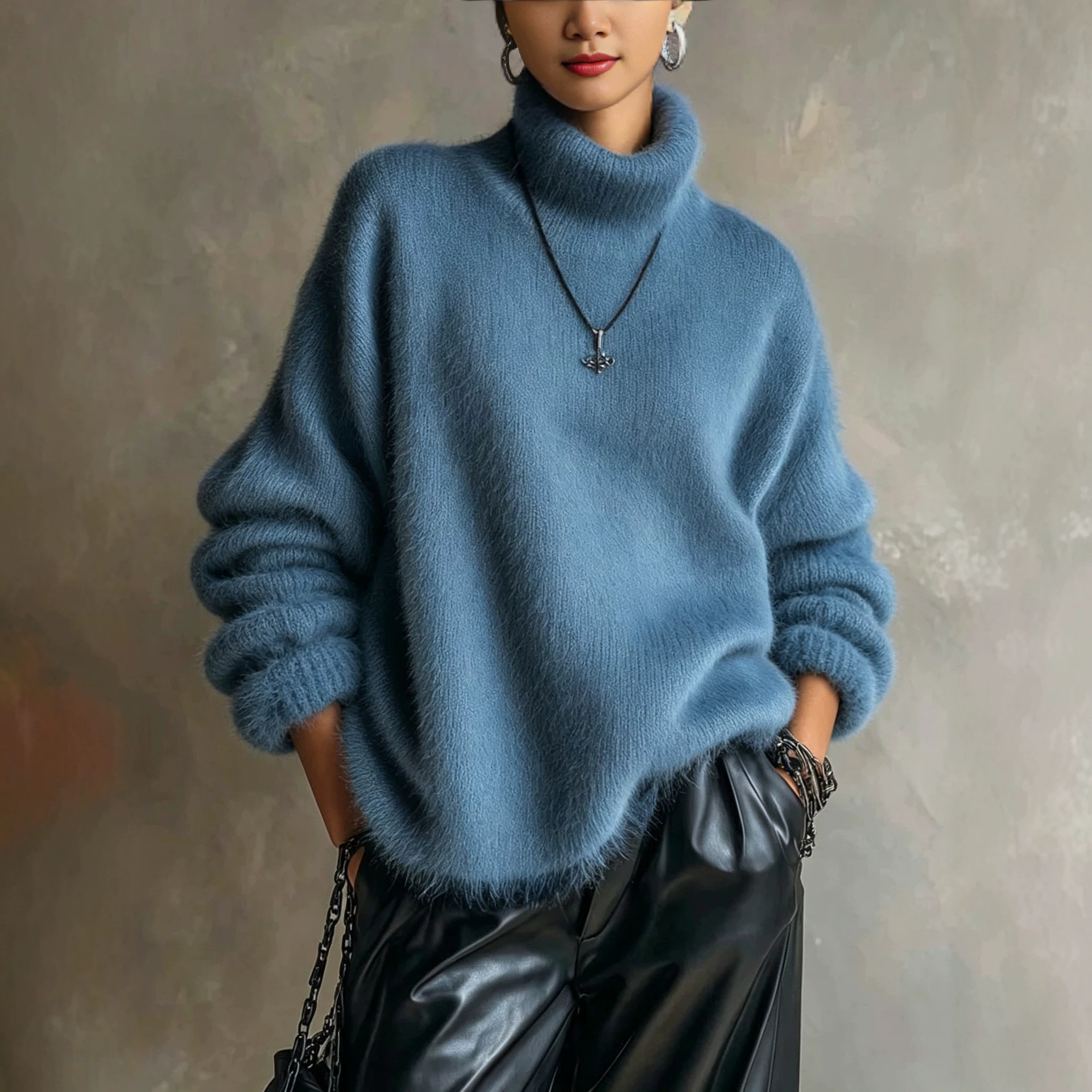 Women's Oversized Fuzzy High-Neck Knit Sweater