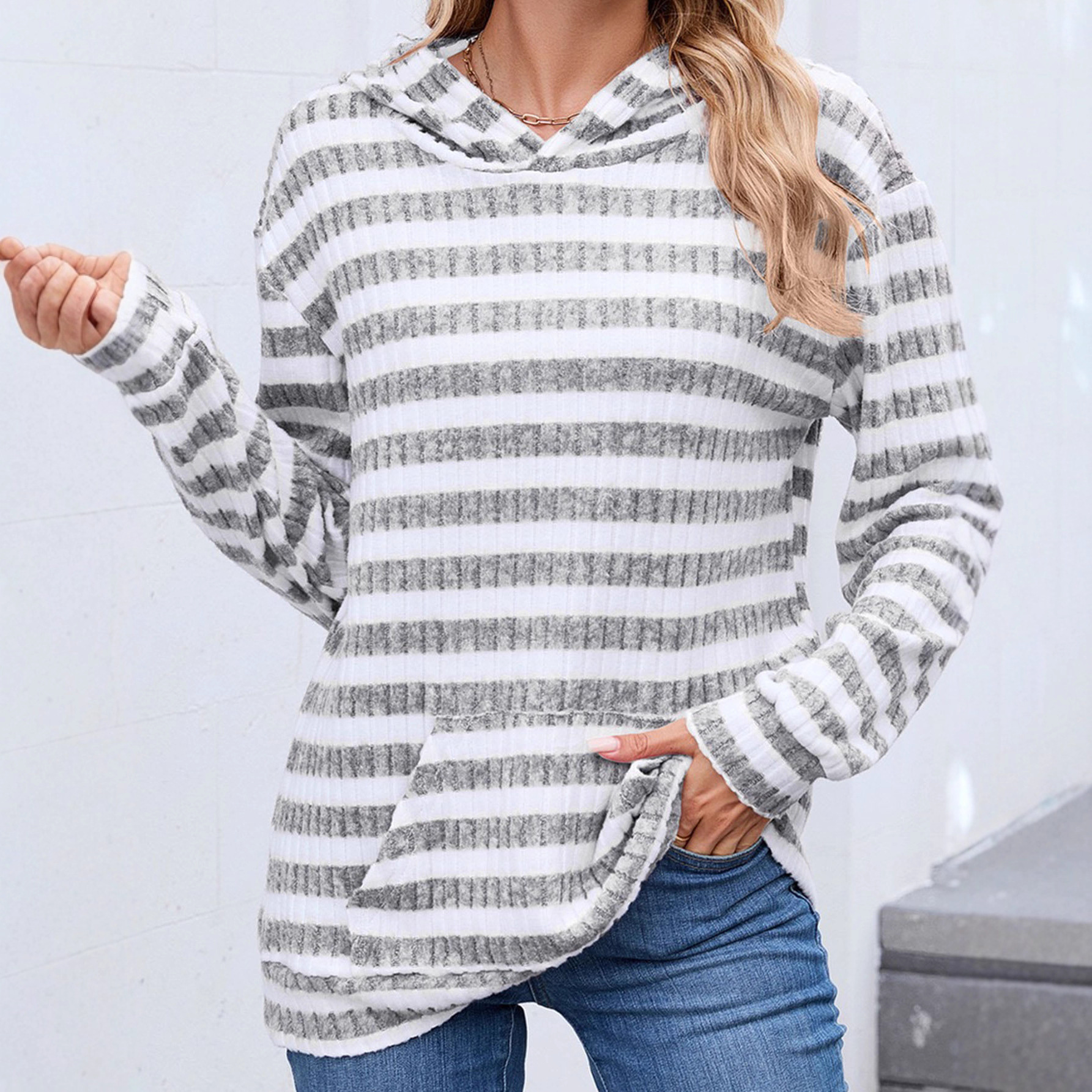 Striped Hooded Pullover Sweatshirt with Pockets Women's Loose Long Sleeve