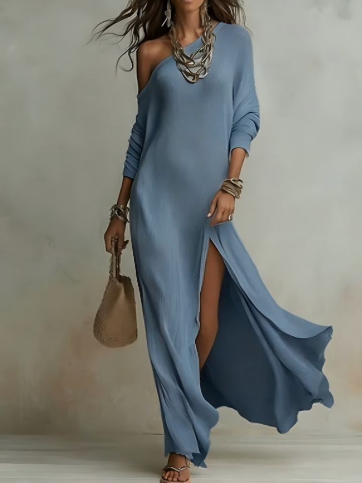 Elegant Long Sleeve Knit Pleated Slit Dress