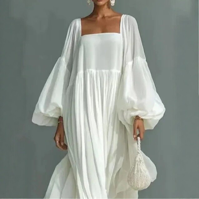 Square Neck Lantern Sleeve Flowy Maxi Dress