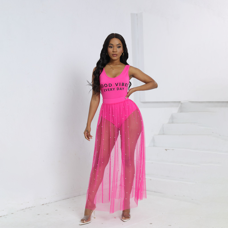 Sexy Sheer Mesh Two-Piece Bodysuit and Maxi Skirt Set with Hand-Beaded Details