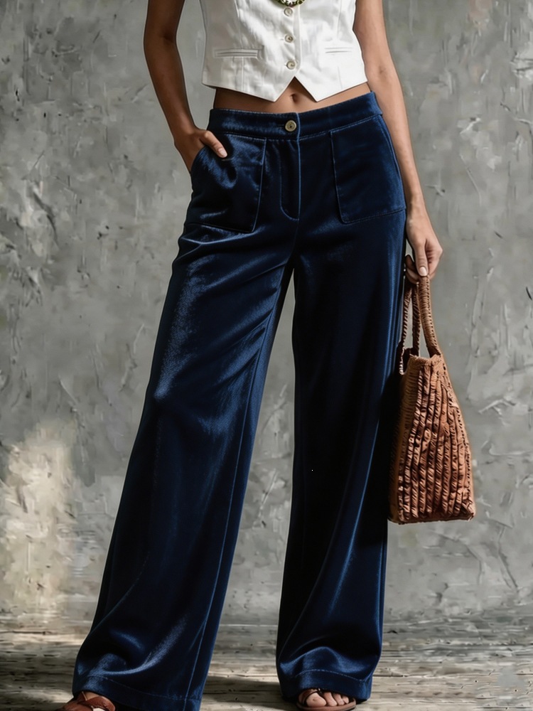 Velvet High-Waist Straight-Leg Pants with Pockets