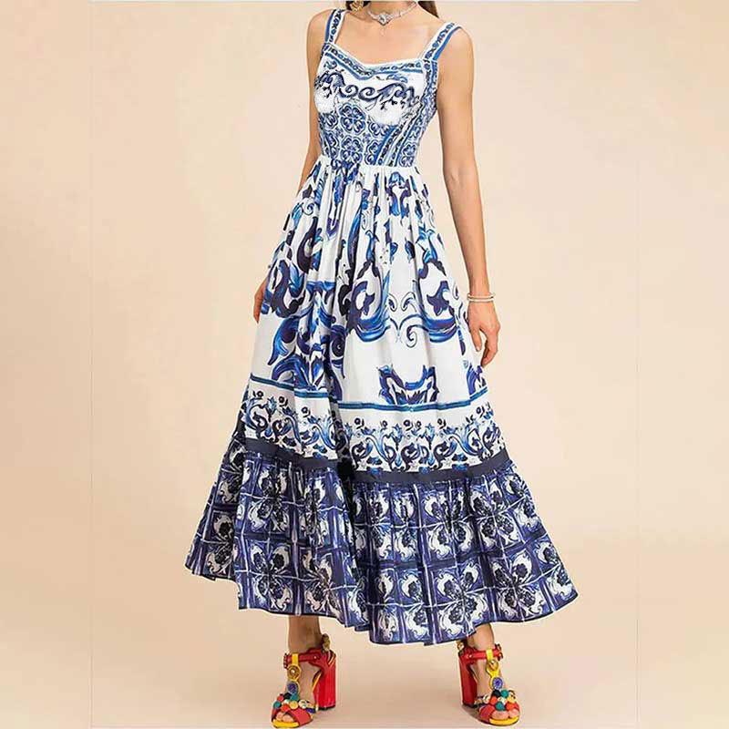 Women's Sleeveless Floral Maxi Dress High Waist Vacation Casual