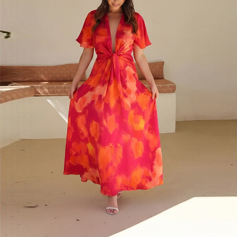 Floral French-Style Long Dress with Deep V-Neck and High Waist