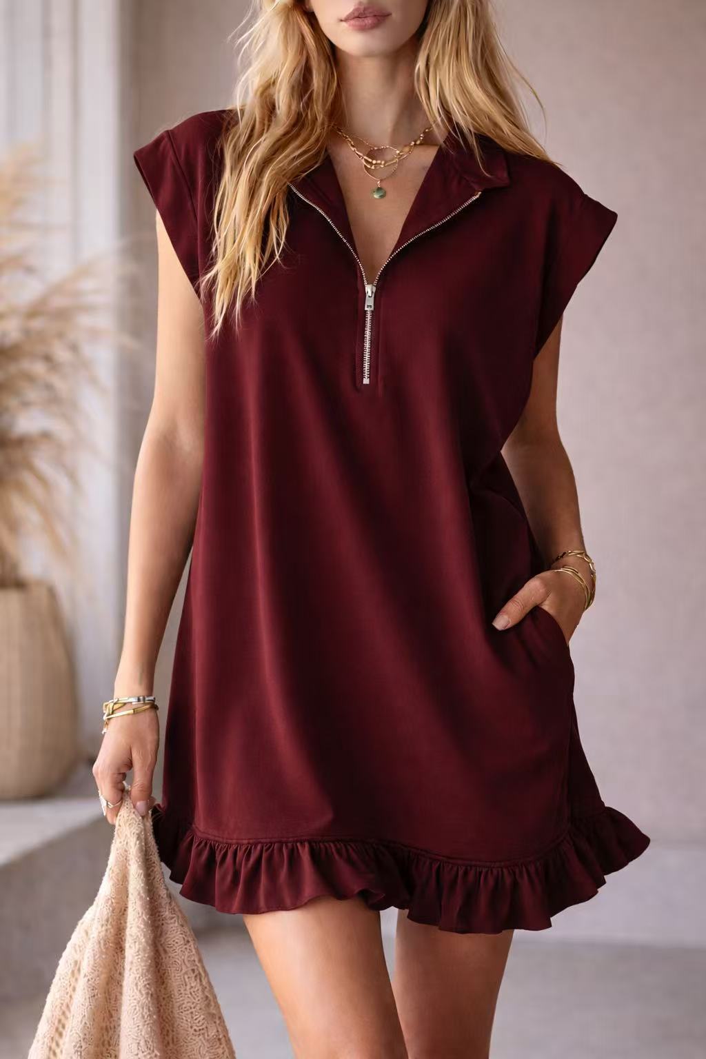 Sleeveless V-Neck Ruffle A-Line Dress with Pockets and Zip