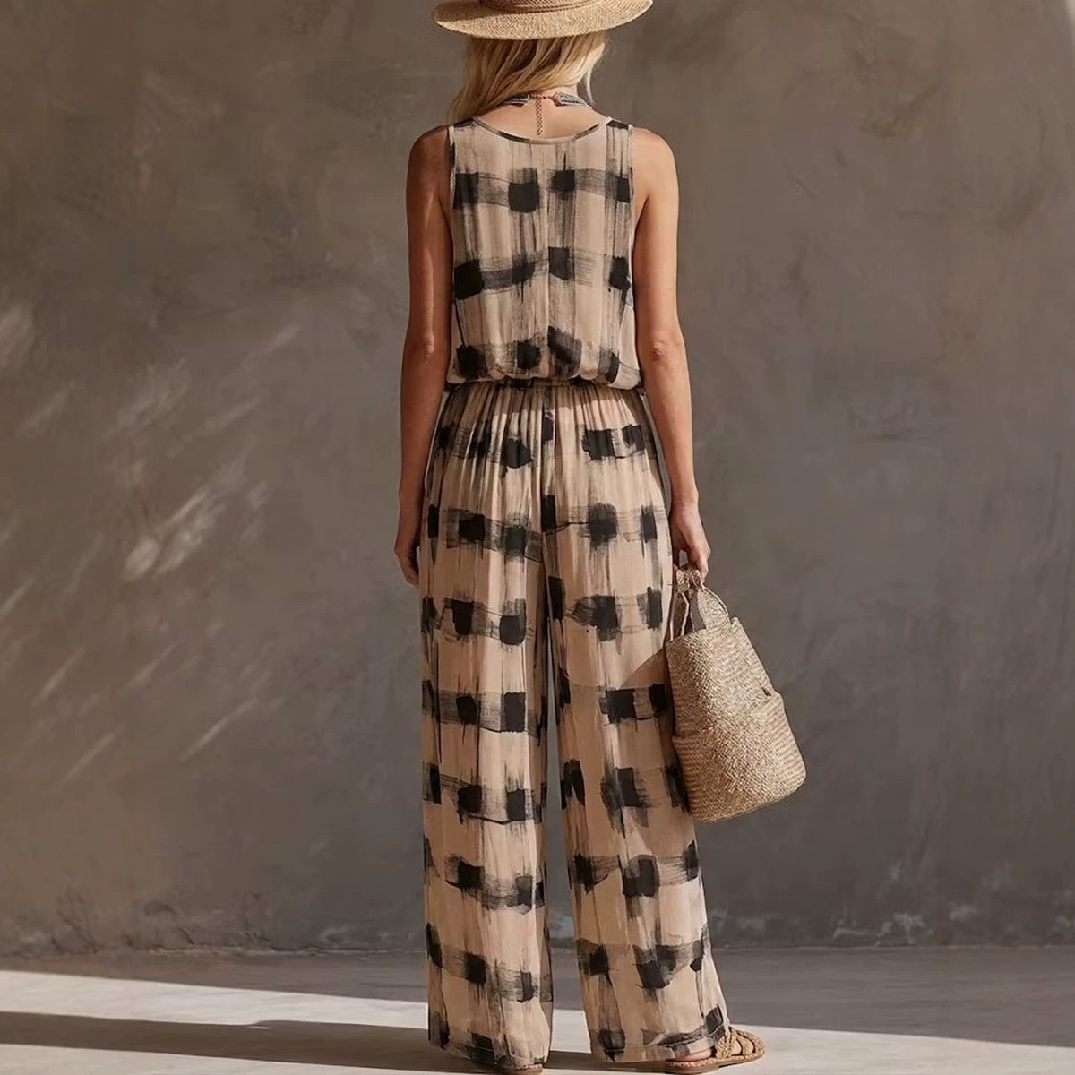 Women's Sleeveless V-Neck Printed Elastic Waist Two-Piece Set