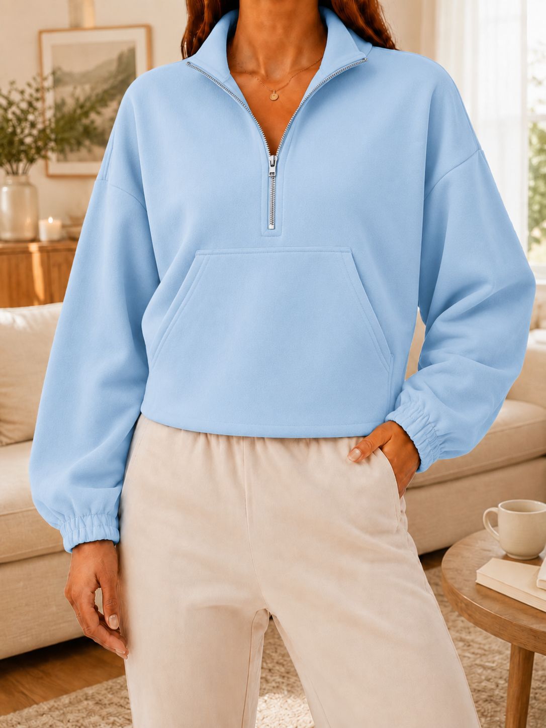 Women's Half-Zip Collared Cropped Hoodie with Kangaroo Pocket