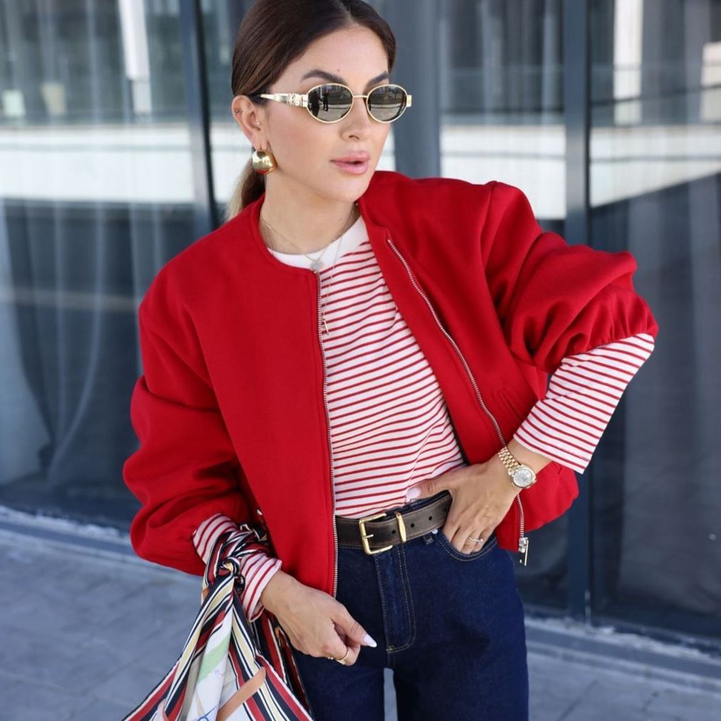 Women's Soft Cropped Bomber Jacket with Round Neck