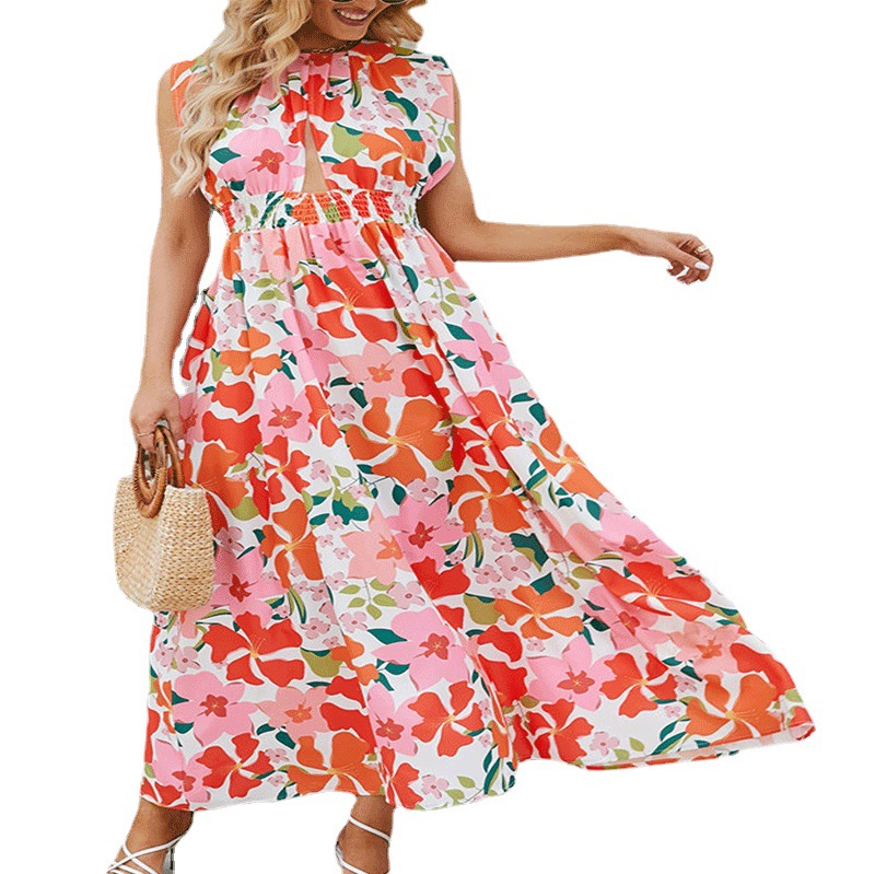 Women's Sleeveless Floral Print Halter Maxi Dress with Waist Tie