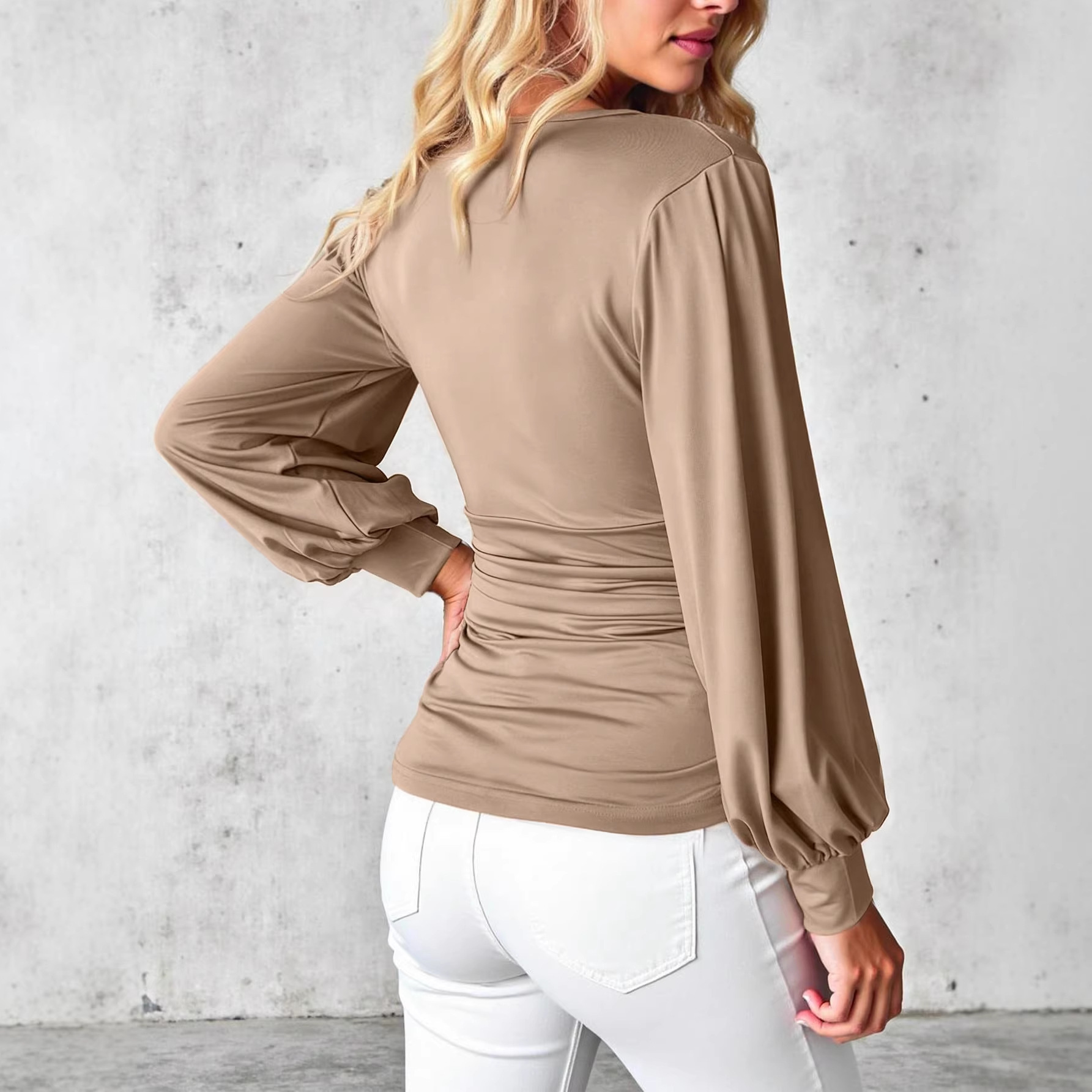 Women's V-Neck Puff Sleeve Ruched Waist Long Sleeve Top