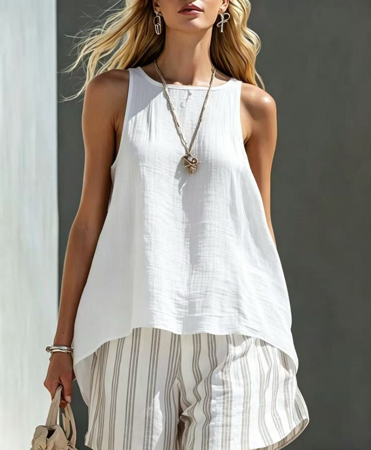 Women's Solid V-Neck Long-Sleeve Cotton-Linen Shirt Casual Loose Button-Up Top