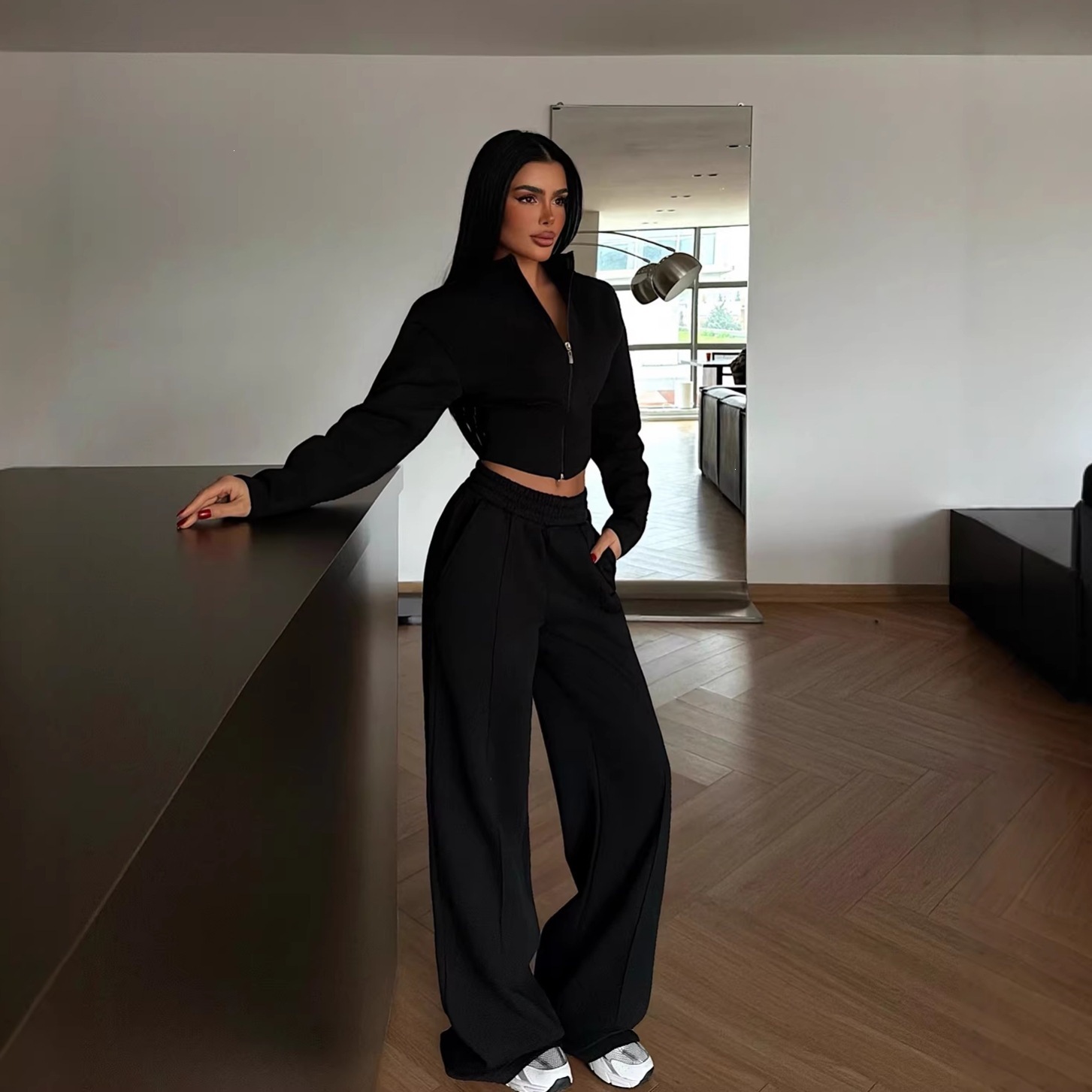 Women's Zip-Up Cardigan and Tie-Waist Pants Two-Piece Set