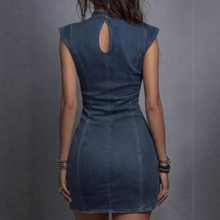 Faux Denim Bodycon Mini Dress with Cutout Back and Deep V-Neck