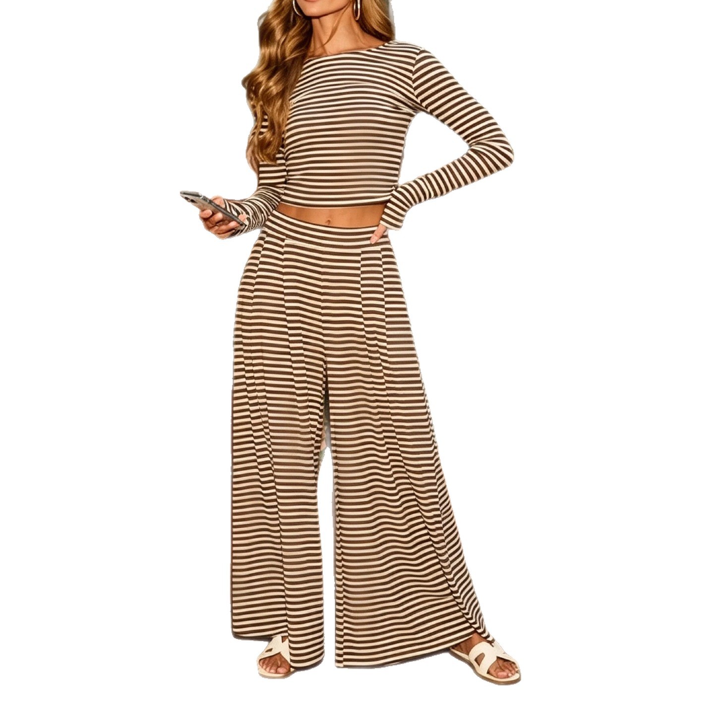 Women's Striped Long Sleeve Top and Wide-Leg Pants Two-Piece Set