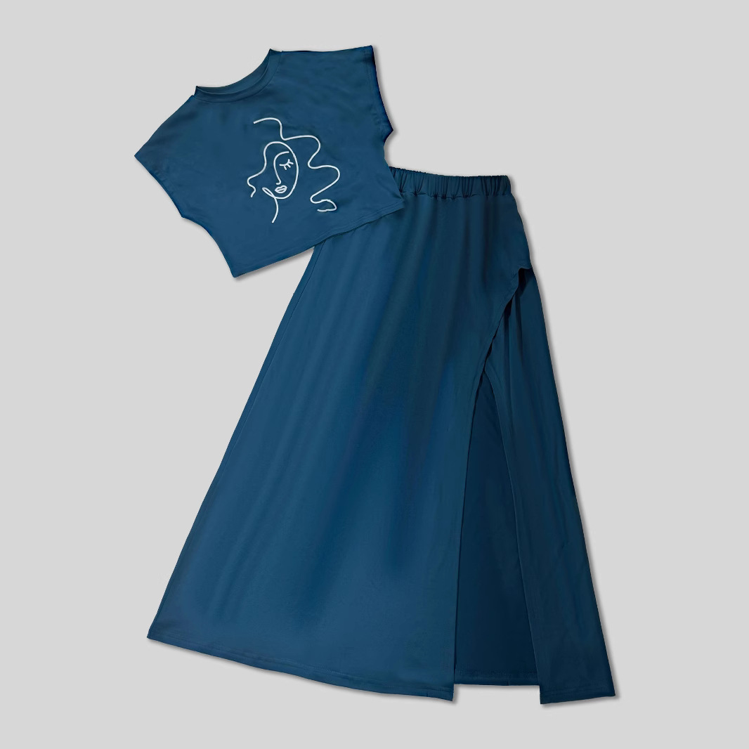 Printed Short-Sleeve T-Shirt and Skirt Set