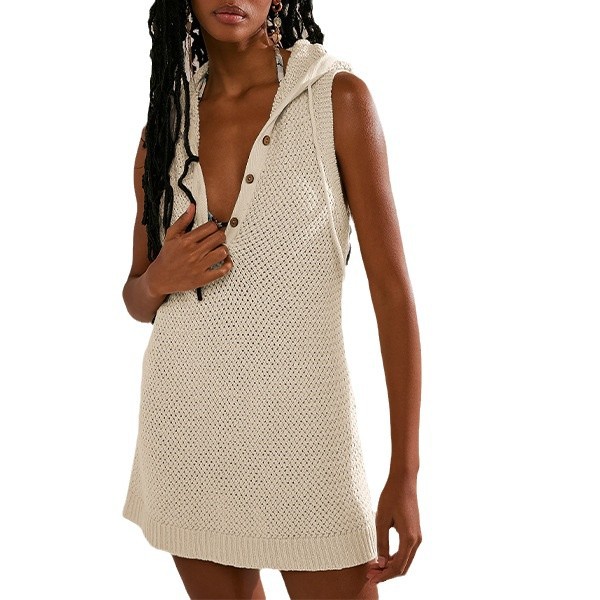 Sleeveless V-Neck Hooded Knit Dress