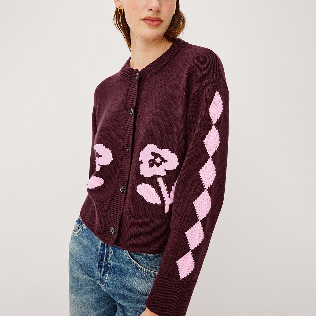 Women's Vintage Jacquard Knit Cardigan Button-Up Cropped Sweater Coat