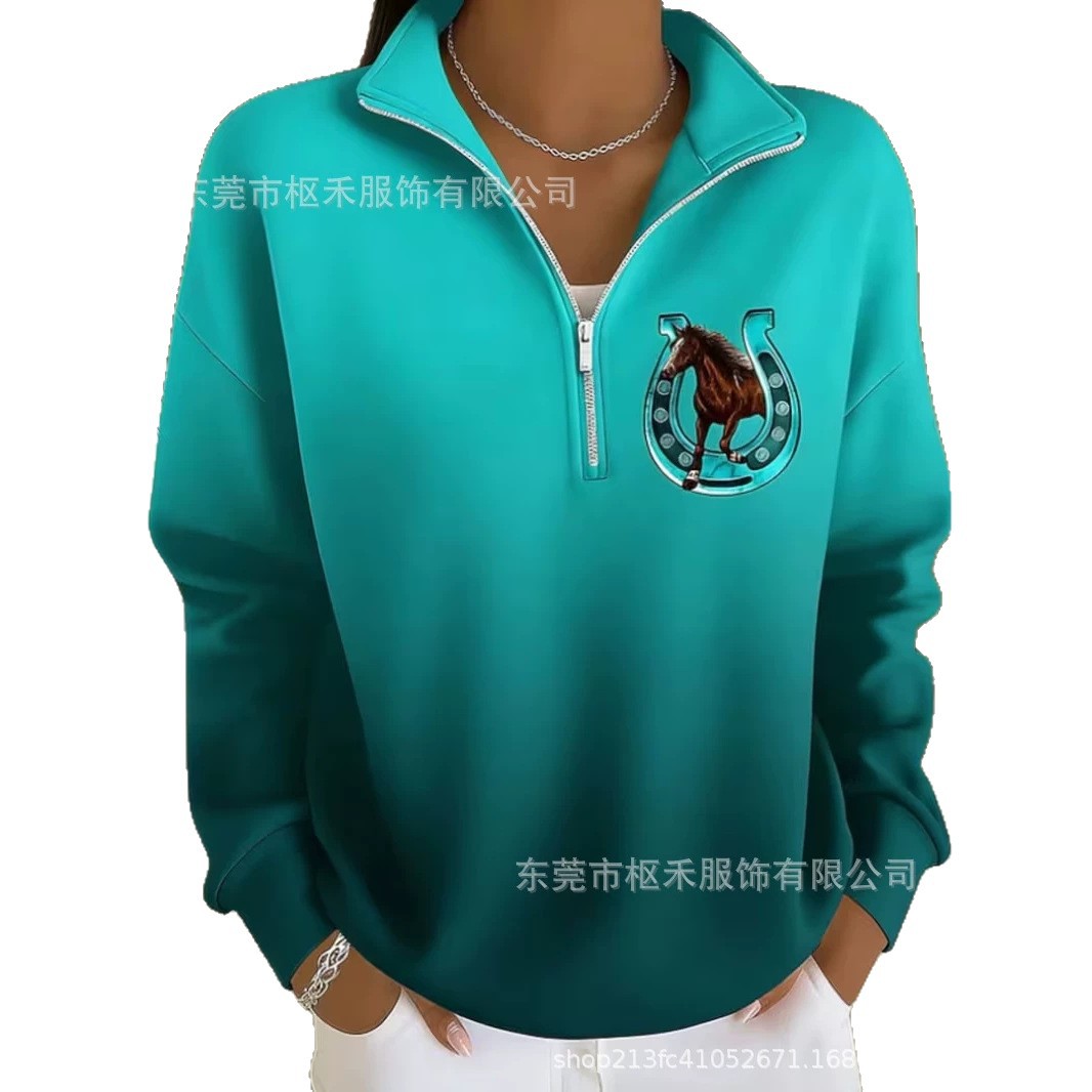 Women's Half-Zip Horse Track Print Hoodie
