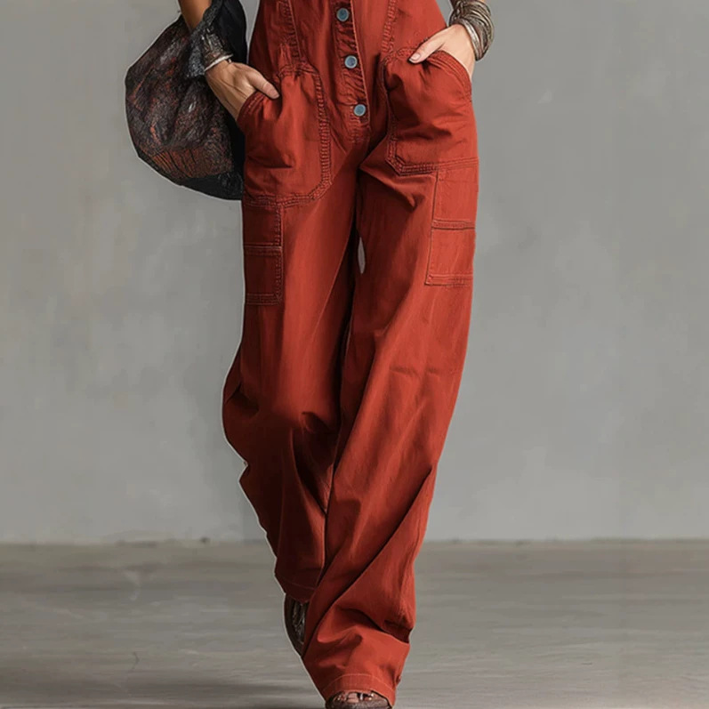 Rust Red Collared Denim Jumpsuit Retro Straight Leg Sleeveless