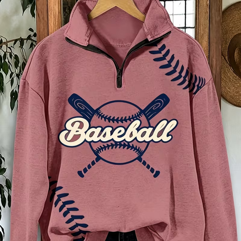 Women's Half-Zip Baseball Letter Print Hoodie