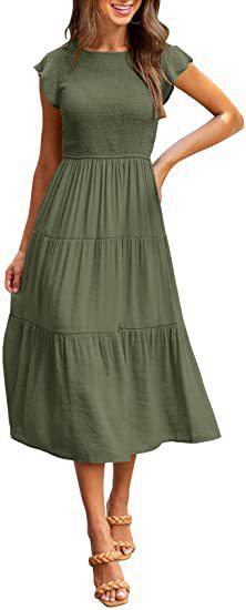 Women's Flutter Sleeve Ruched Tiered Short Sleeve Swing Dress