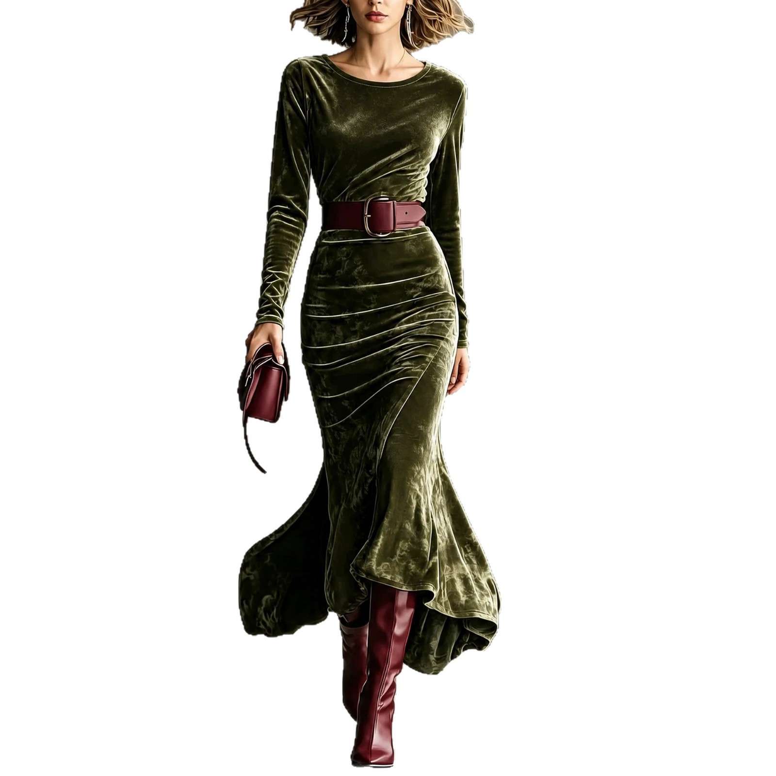 Elegant Velvet Long Sleeve Round Neck Slim Fit Mermaid Dress