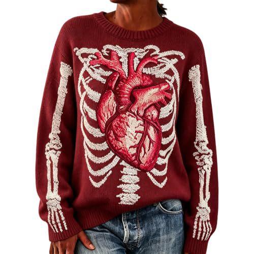 Women's Floral Heart Skeleton Print Crewneck Sweatshirt