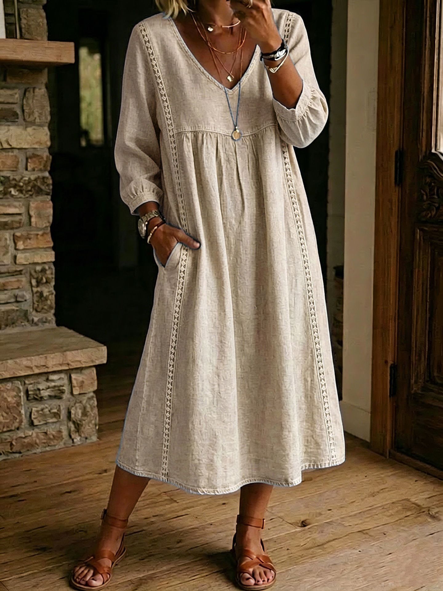 Solid V-Neck Lace-Trim A-Line Midi Dress