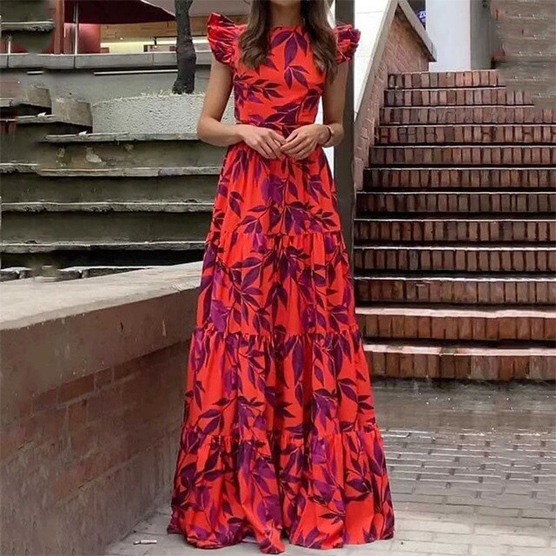 Floral Print Flutter Sleeve Ruffle Maxi Dress