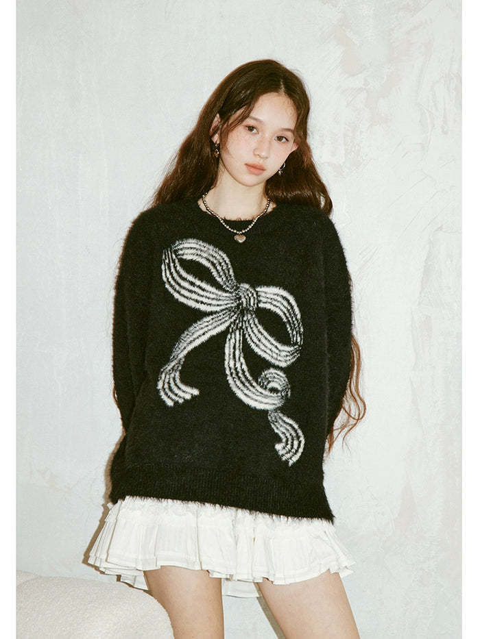 Bow Detail Fuzzy Knit Crewneck Sweater
