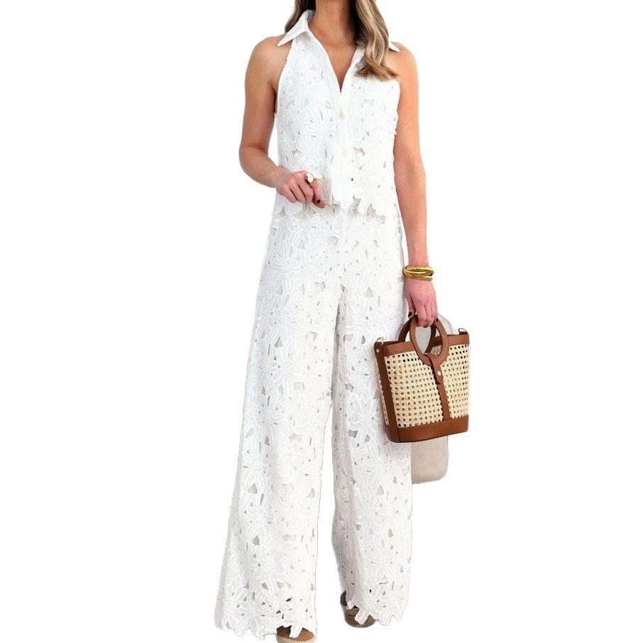 French Embroidered Cutout V-Neck Tank Top and Wide-Leg Pants Set