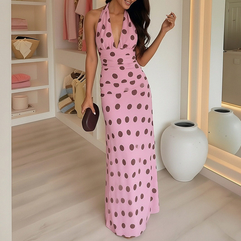Women's V-Neck Polka Dot Sleeveless Maxi Dress