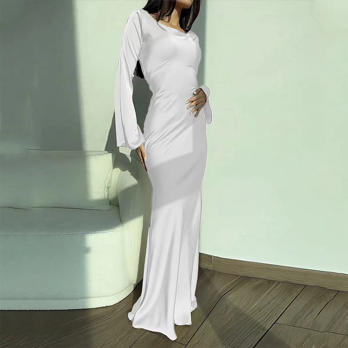 Women's Round Neck Long Sleeve Tie Waist Solid Color Long Dress
