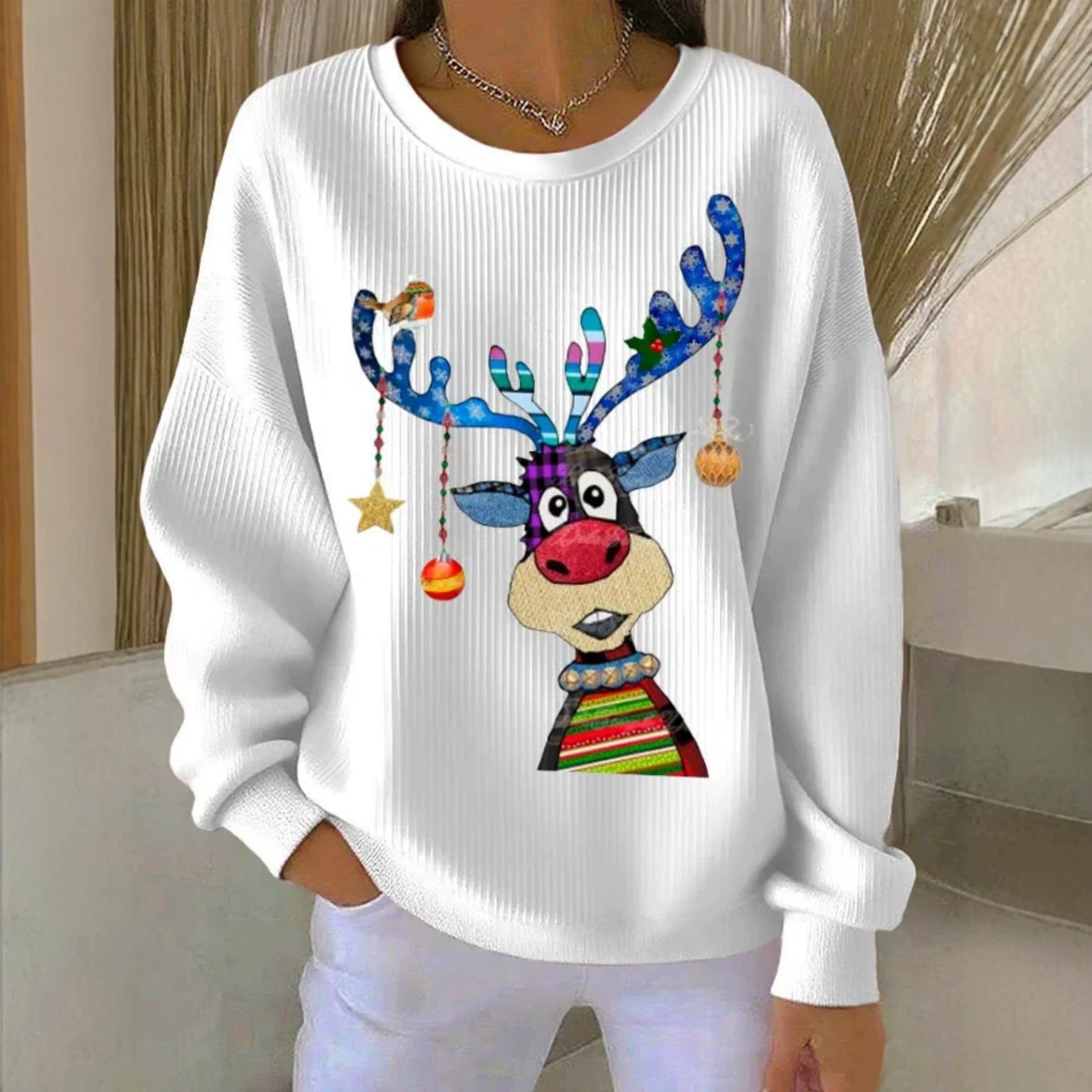 Christmas Print Crewneck Long Sleeve Pullover Sweatshirt