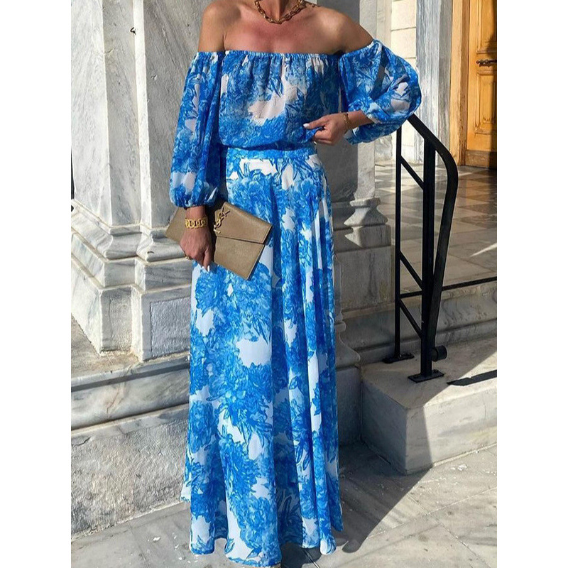 Off-Shoulder Floral Print High-Waist Elegant Midi Dress