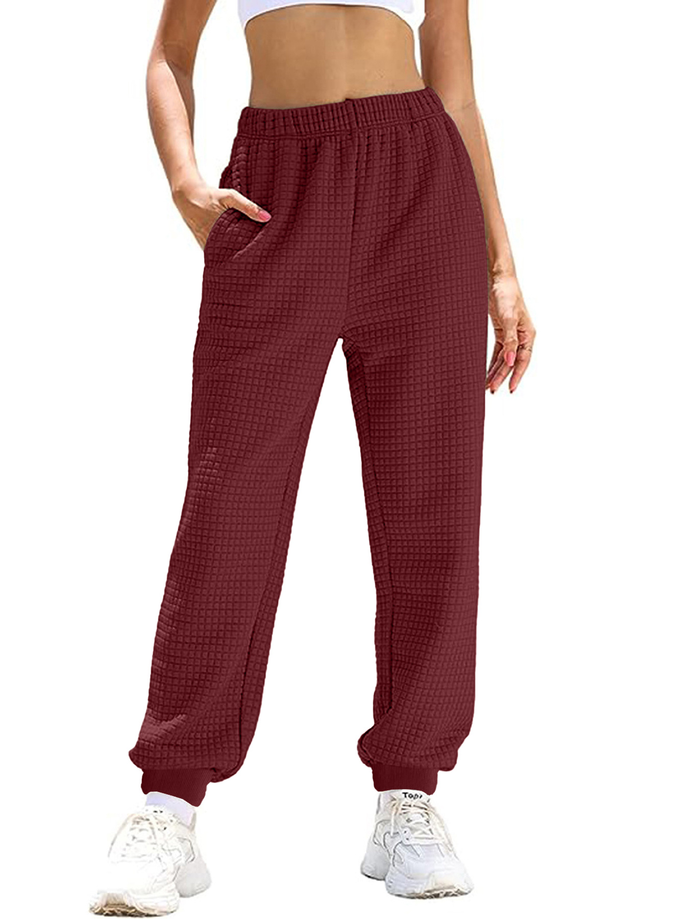Waffle Knit Lounge Pants Straight Leg High Waist